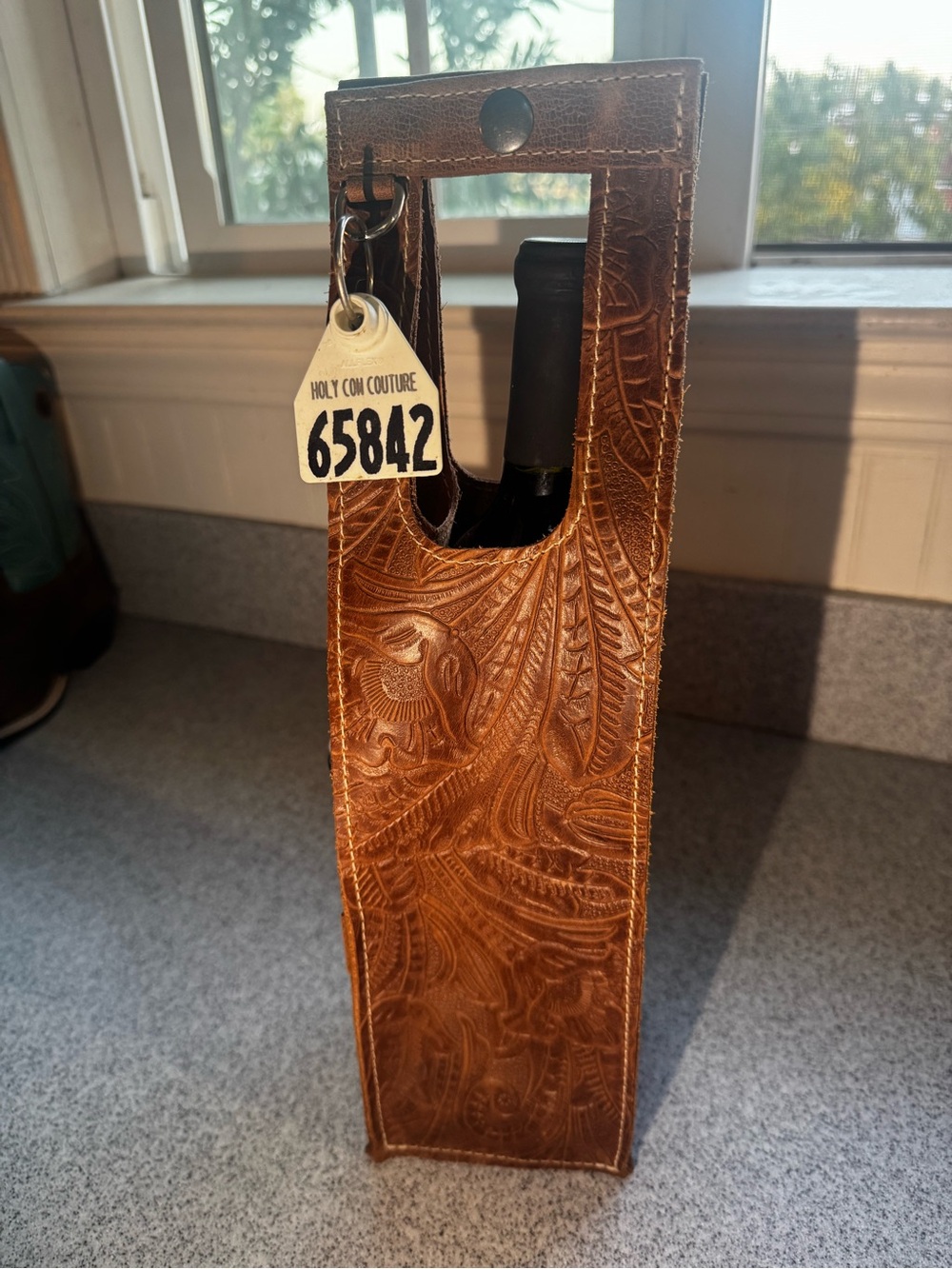 Tooled Leather Wine Tote Bag - Brown